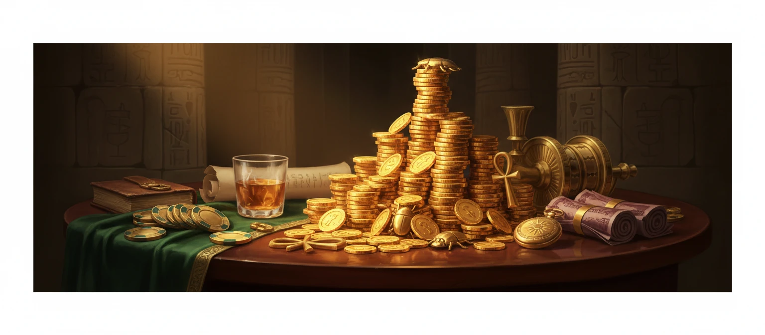 Glowing stacks of golden coins in a dim chamber, illustrating Reel of Ra's fixed prize features